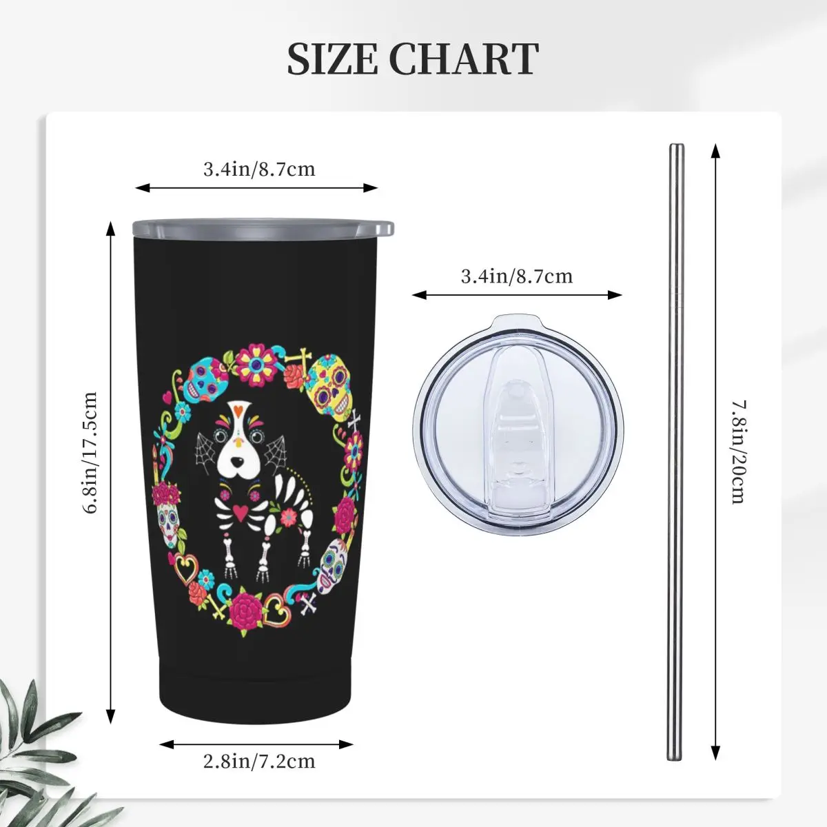 Dog Dias De Los Muertos Day Of The Dead Stainless Steel Tumbler Vacuum Insulated Mug Thermal Cold Bottle Straw With Lid 20oz