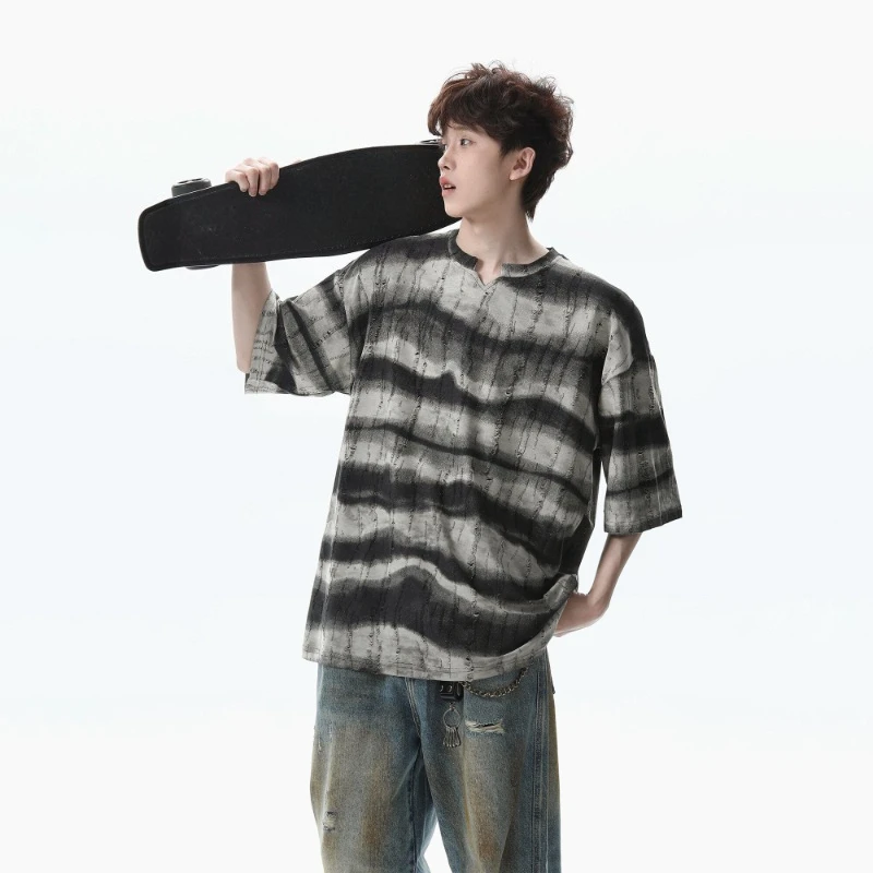 Oversize Drapey Ice Silk Cool Touch Wavy Stripes Distressed Holes High Street Edgy Cool T-Shirt​