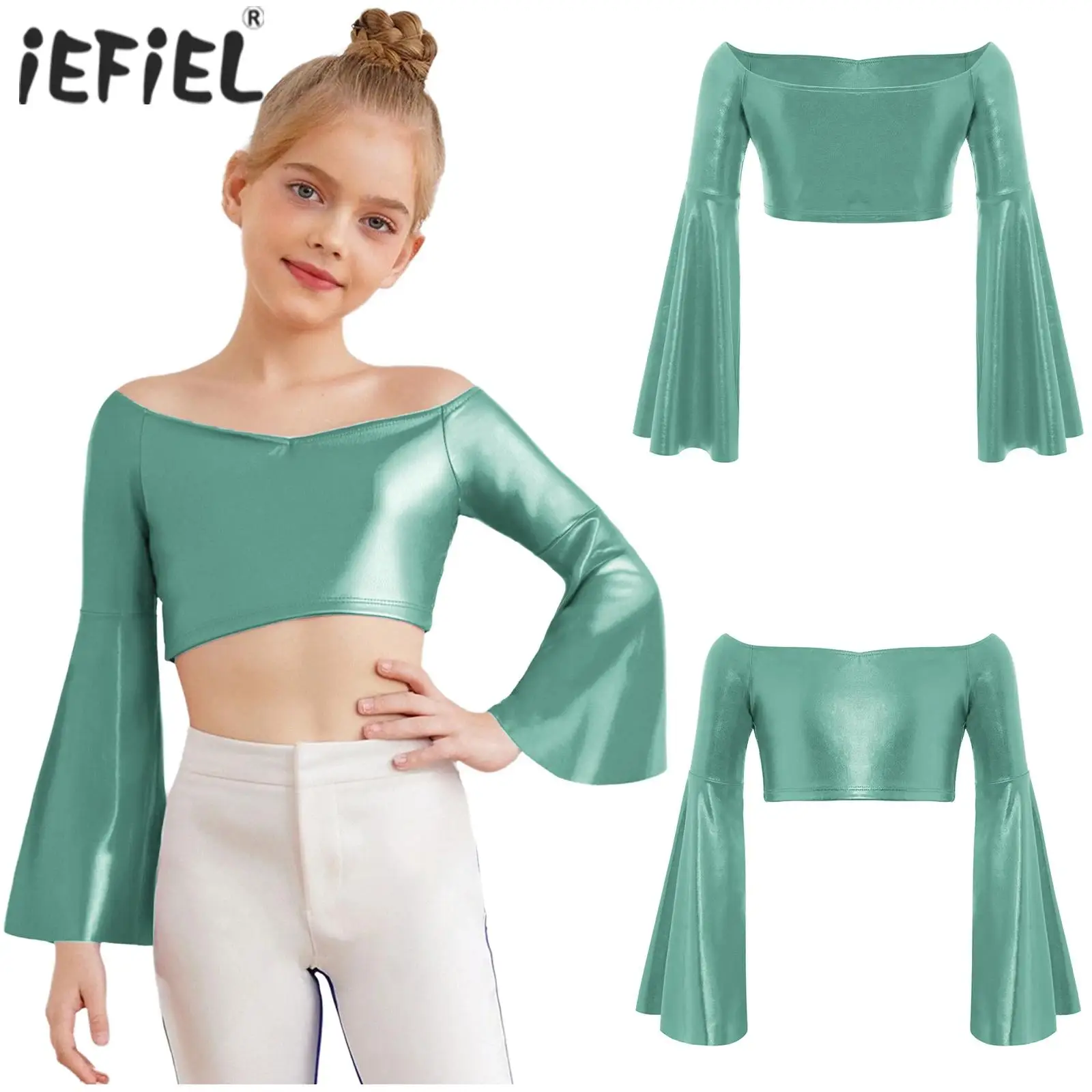 

Укороченный топ для латинских джазовых танцев для девочек, металлические майки с длинными расклешенными рукавами для балета, выступления на сцене и праздничная одежда, танцевальная одежда