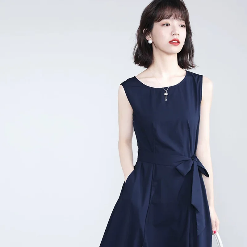 

Anti-Aging Western Style Slimming Summer Navy Blue Sleeveless Bow Belt Temperament Commute Long Dress