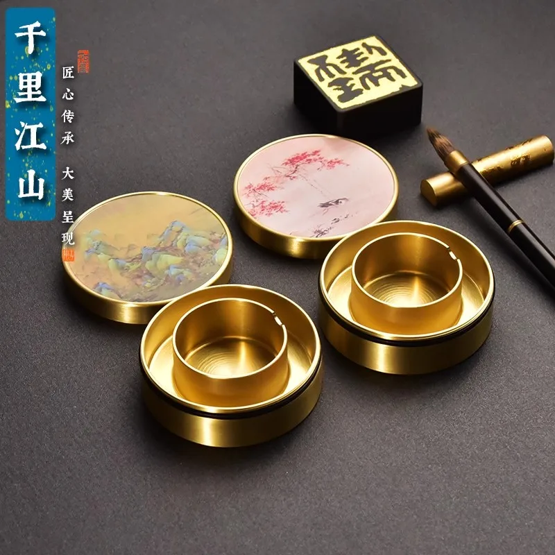 Brass Inkstone with Lid, Moisturizing Ink Box for Calligraphy, Multi-functional Seal Ink Dish & Pen Rest, Creative Gift
