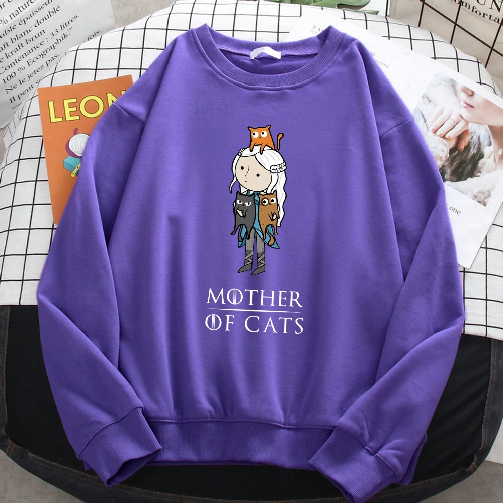 Winter Fashion Pullover For Women Cartoons Mother Of Cats Print Hoody Warm Crewneck Sweatshirt Loose Fleece Female Streetwear