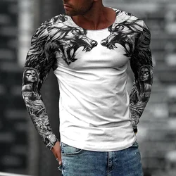 2023 New Men T Shirt 3d Wolf Print Cotton O Neck Long Sleeve Tops Oversized Vintage Clothes Male Gothic Hip Hop Street T-shirts