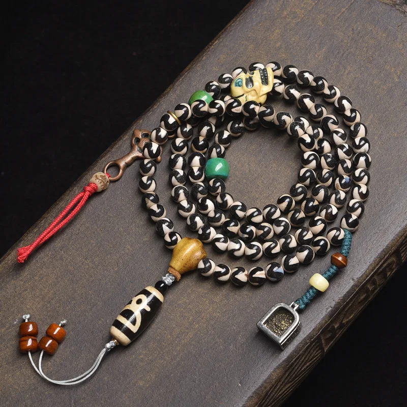 

Agate Tiger Tooth Dzi 108 Buddha Beads Necklace Yak Bone Red Glaze Gawu Box Pendant Accessories