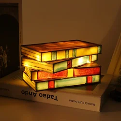 Vintage Stacked Books Lamp Decorative Handicraft Stacked Books Light Stained Glass Table Reading Light Nightstand Desk Lamps