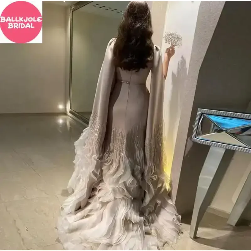 Luxo sereia vestido de noite nu com mangas capa em camadas babados dubai árabe vestido de festa de casamento elegante vestido formal para 2025