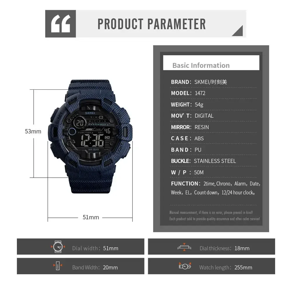 SKMEI 1472 Denim Digital Watch relogio masculino Sport Watch Men Alarm Clock Cowboy Waterproof Week Display Men Watches