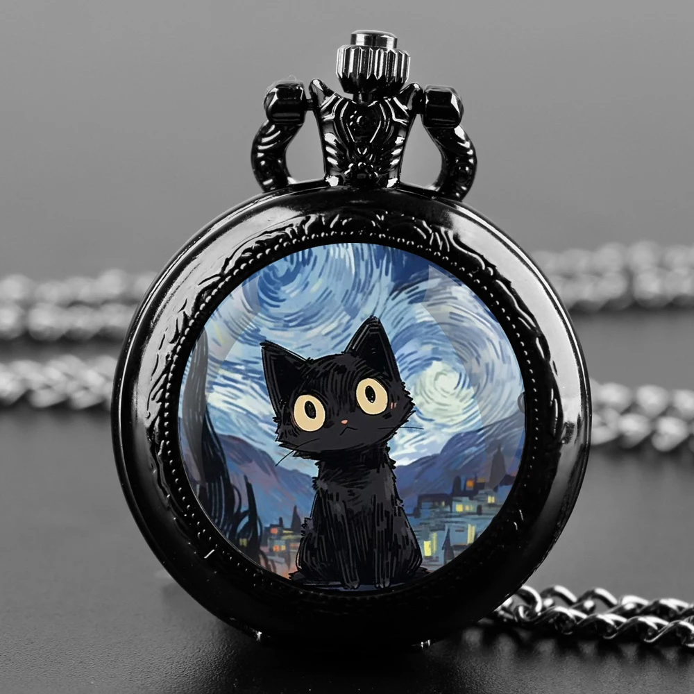 Quartz Pocket Watch Unique Vans Goghs Famous Black Cat Panda Design Vintage Clock Chain Jewelry Pendant Gift Reloj De Bolsillo