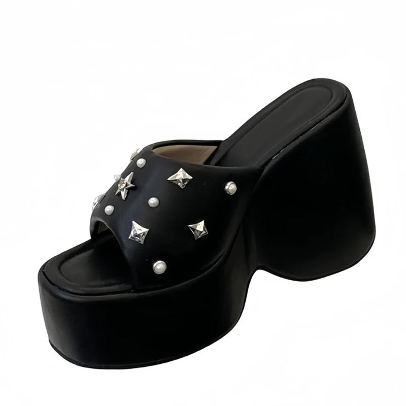 Liyke High Quality Cozy Soft Leather Wedges Heels Platform Slipper Women Fashion Metal Rivets Designer Sandal Female Party Shoes