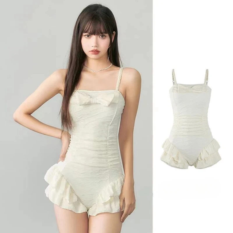 Swimsuit Women One-Piece Japanese Pure Desire Wind Sling Spa Suit Double Layer Lace Thickened