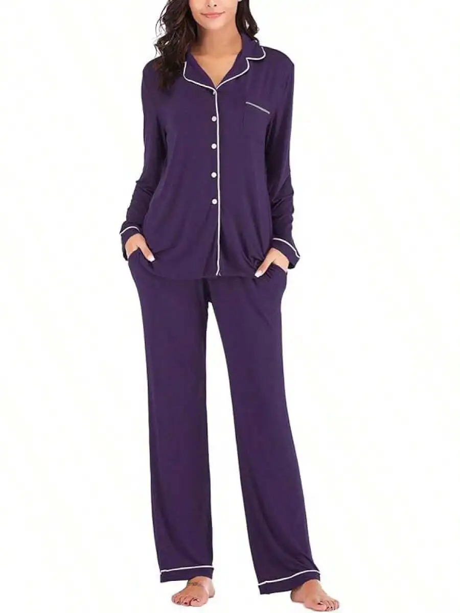 

Womens Long Sleeve Button Down Pajama Set Soft Jersey Sleepwear Lounge Set