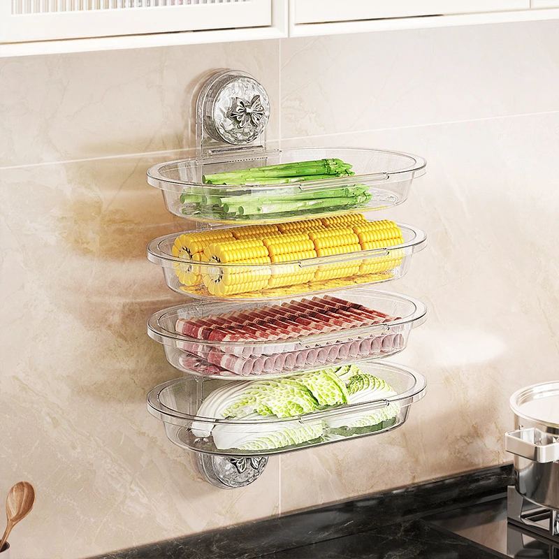 Kitchen Suction Cup Food Preparation Shelves Household Wall-mounted Multi-layer Preparation Plate Fruit and Vegetable Storage