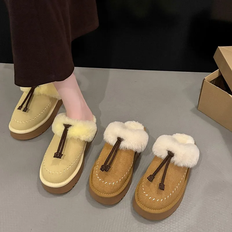 Women's Thick-soled Fuzzy Slip-on Slippers, New 2026 Autumn/winter Fashion, Stylish Leather and Fur All-in-one