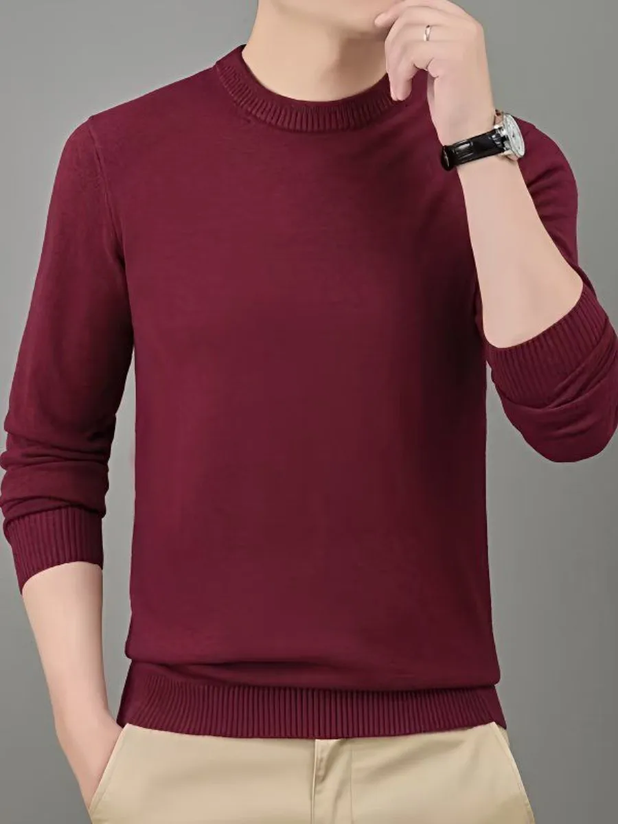 

Мужской утепленный вязаный свитер с круглым вырезом, однотонная базовая кофта, теплая городская модная одежда, весенняя повседневная модель с длинным рукавом