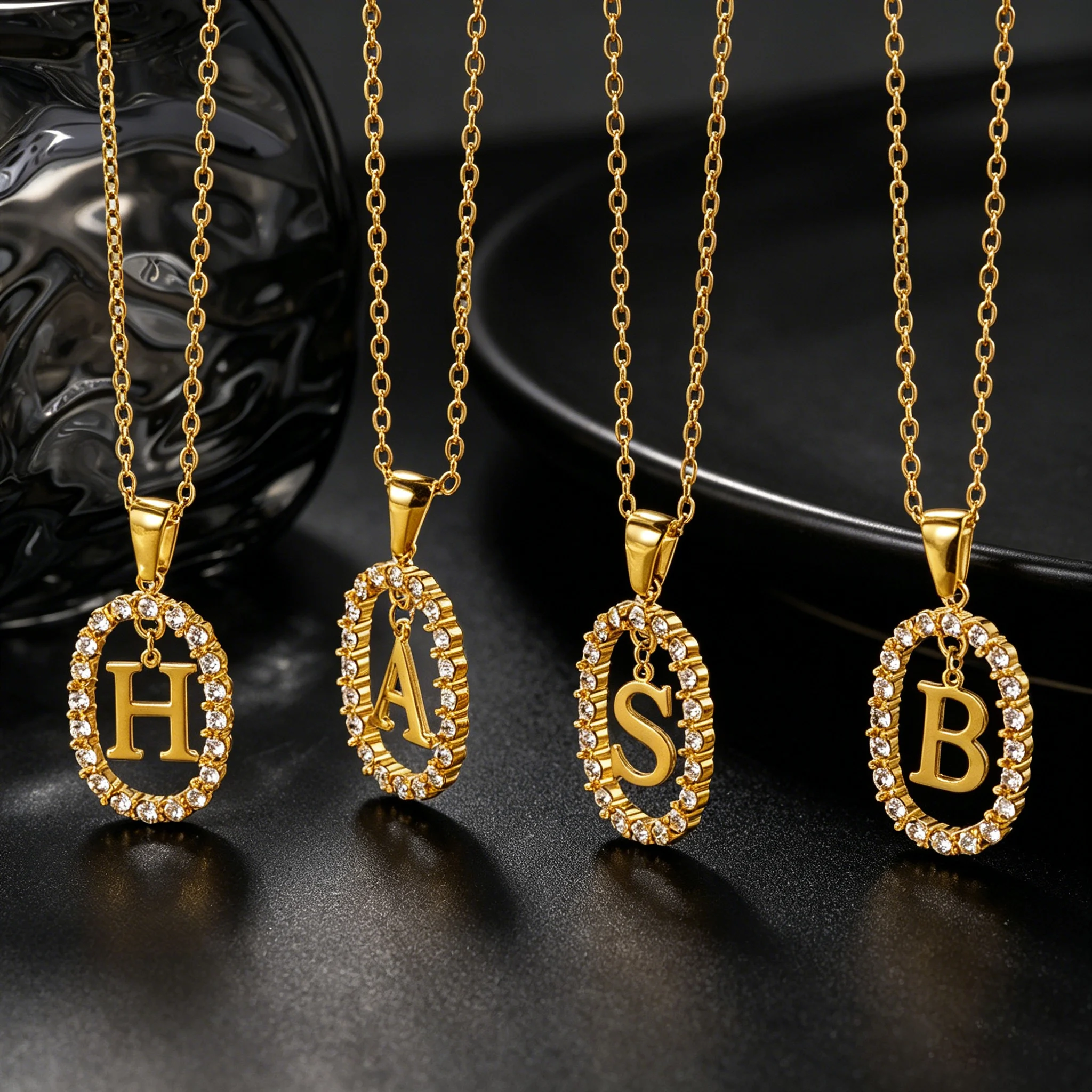 Atoztide Zircon Oval‌ Pendant Initial Letter Necklace for Women Men Full Stone Alphabet Name Monogram Charm Chain Jewelry Gift