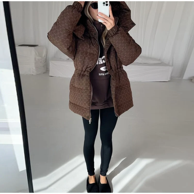 Upgraded Thickened Allover Printed Mid Length Padded Coat Stand Collar Drawstring Waist Windproof 2026 Winter Women Outer Jacket