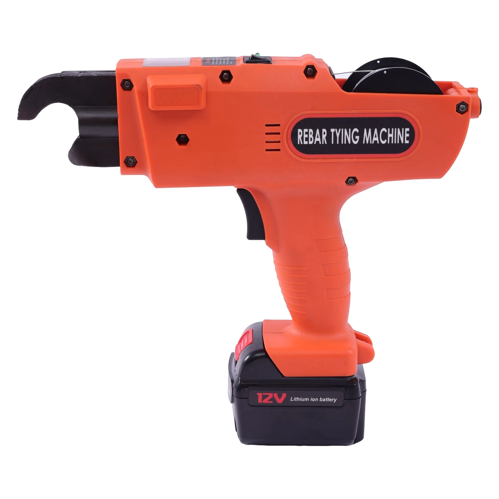 Elektrische Baubindemaschine, tragbares, automatisches, handgeführtes Werkzeug zum Binden von Bewehrungsstahl, geeignet für 6–25 mm, orange, für den Einsatz auf Baustellen, in Eisenbahnbetrieben, im Bergbau, auf Bauernhöfen, für Gartenzäune und unterbodenverlegte Rohrleitungen. – Detail 7