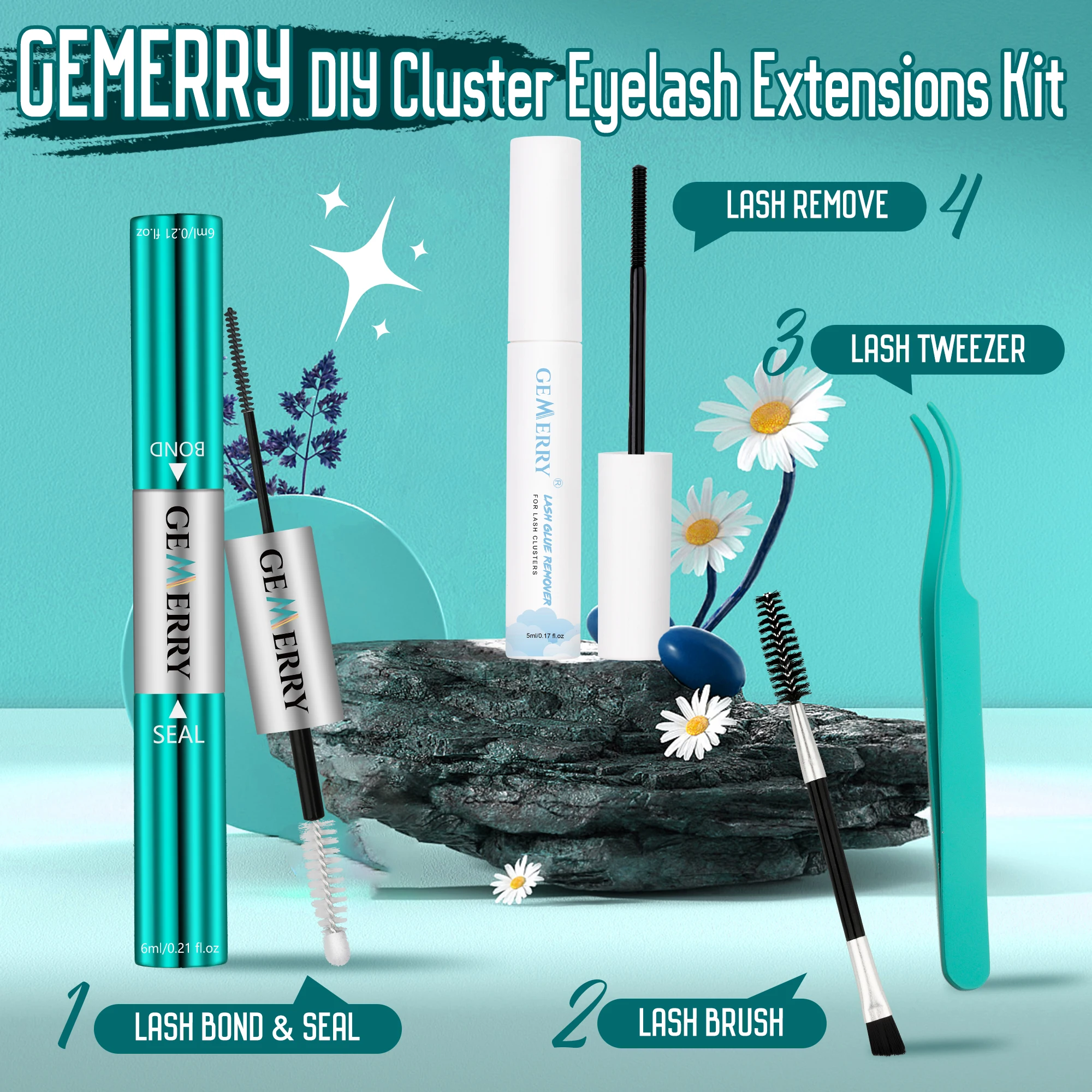 Kit de pestañas GEMERRY, 1/4 Uds., unión y sello de pestañas con removedor de pegamento para pestañas y pinzas para pestañas, herramientas para grupos de pestañas impermeables para principiantes