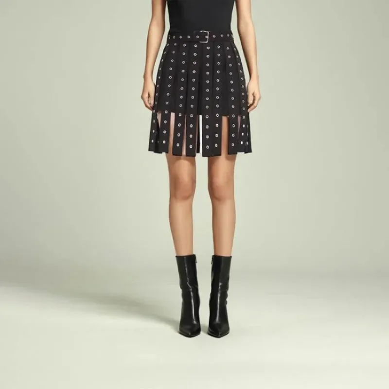 

New Rivet Hollow Out Fashion Short Skirt Spring Summer Personalized Design Splicing Buckle A-line Tassel Women's Skirt XXL