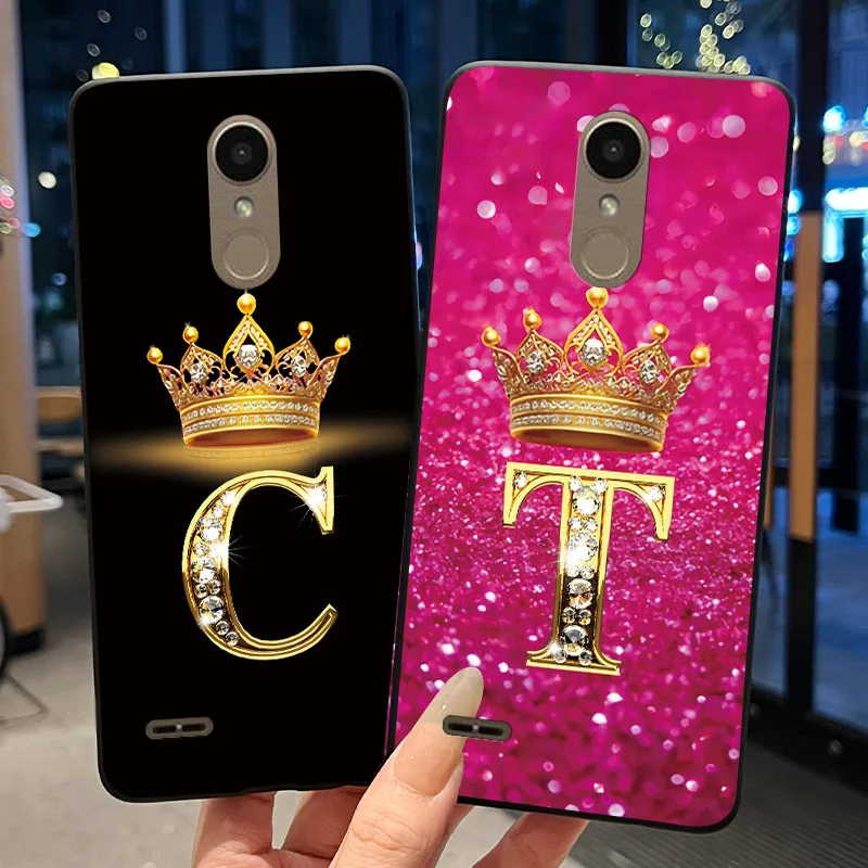 Capa de telefone para lg k10 2018/k11 2018/k11 plus, capa de silicone macio preta, letras de a a z, linda capa com padrão de coroa moderna