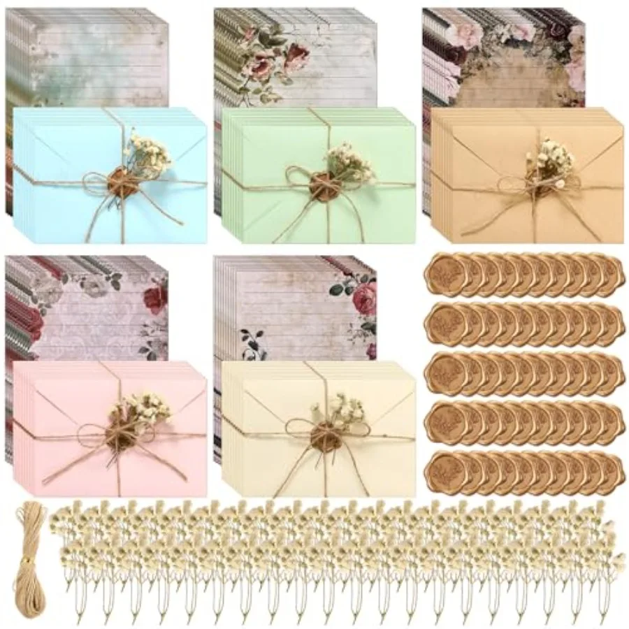 

Набор из 200 шт. канцелярской бумаги для писем с конвертами: 50 винтажных цветочных листов, 50 конвертов, 50 сухих цветов гипсофилы, 50 восковых печатей