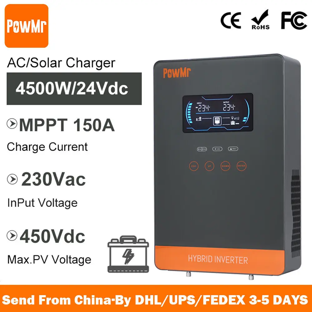 4500 واط 24 فولت عاكس هجين 230 فولت موجة جيبية نقية عاكس للطاقة الشمسية 220 فولت عاكس شمسي هجين للنظام الشمسي