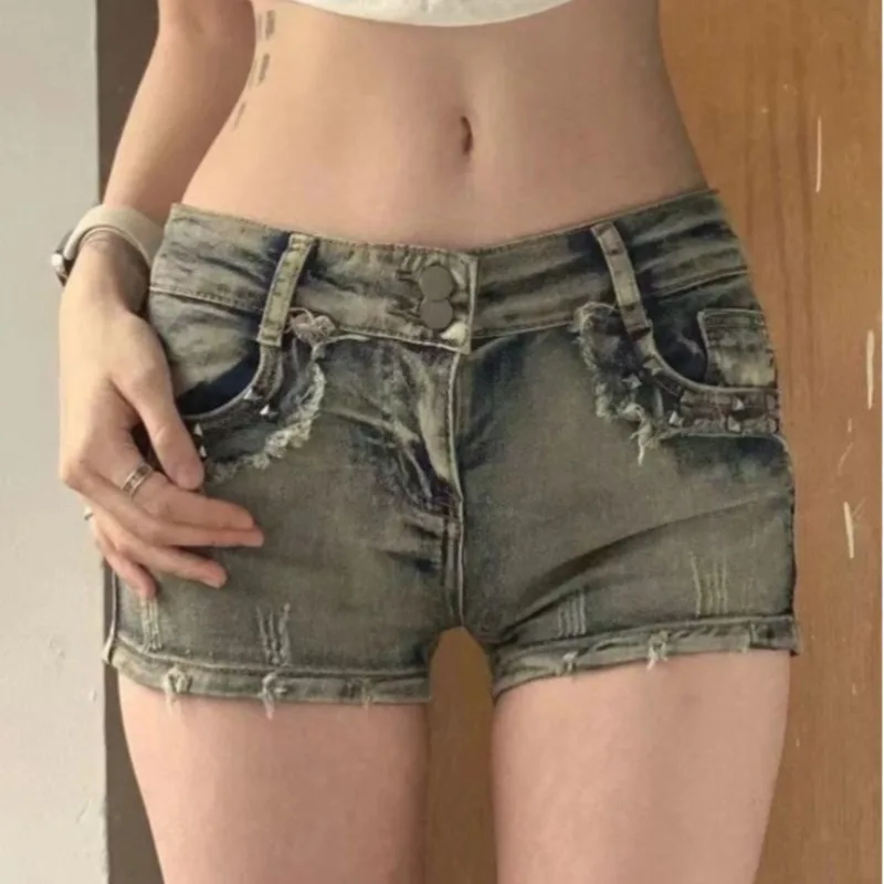 New Woman Designer Low Waist Punk Jeans Girls Aesthetic Elastic High Street Mini Pants Female Sexy Nightclub Summer Denim Shorts