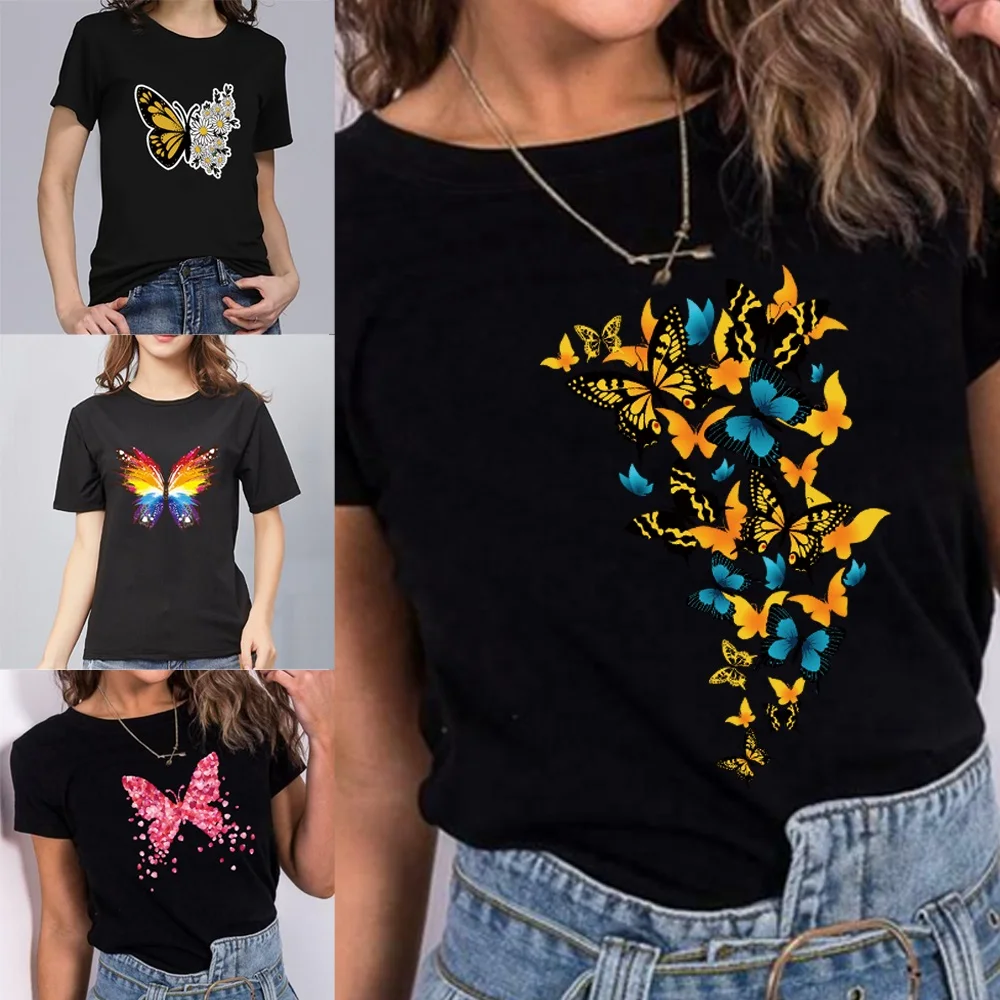 T-shirt manches courtes col rond femme, estival et décontracté, avec motif dessin animé et papillon