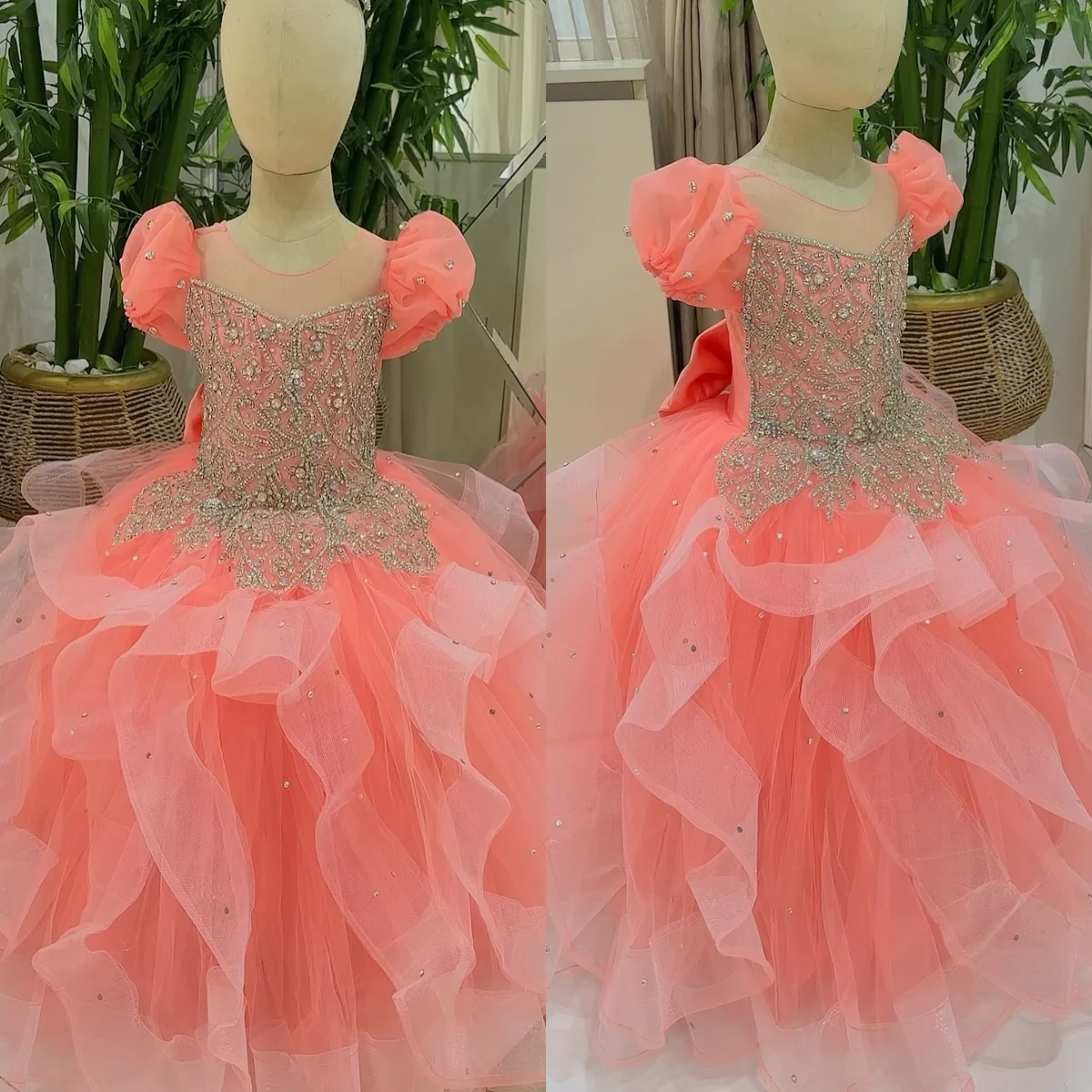 Cristal rosa meninas vestidos de festa de aniversário tule vestido da menina flor para o casamento personalizado princesa criança vestido de baile