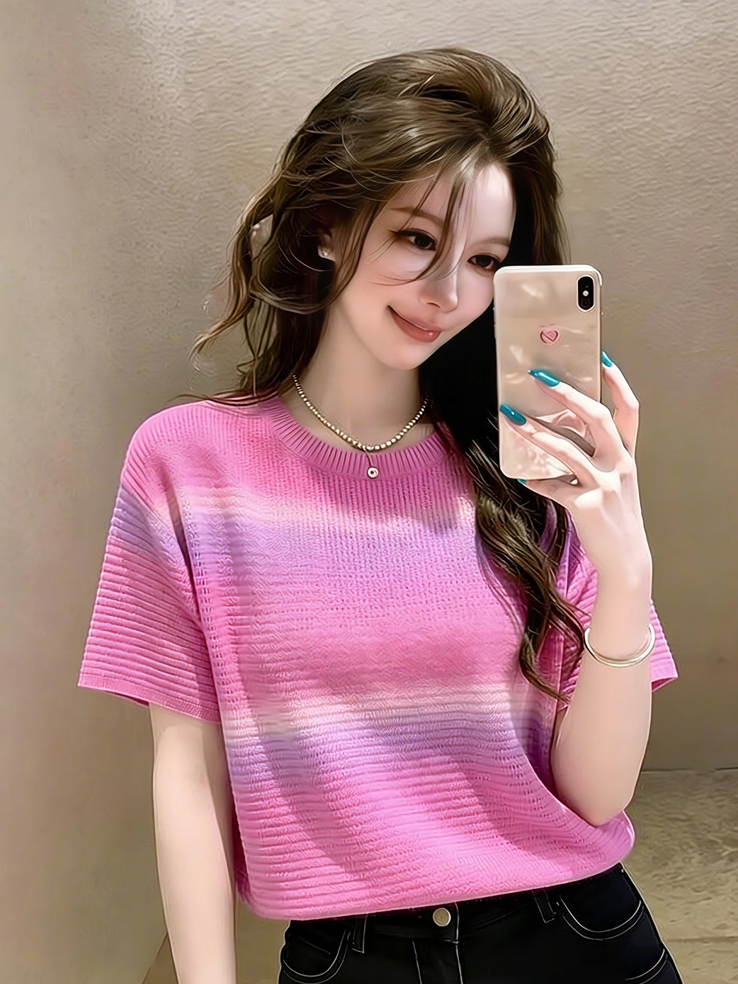 

Sweet Style Gradient Color Knitted Short Sleeve Top Lightweight Comfortable round Neck Versatile Spring Summer Fashionable La...