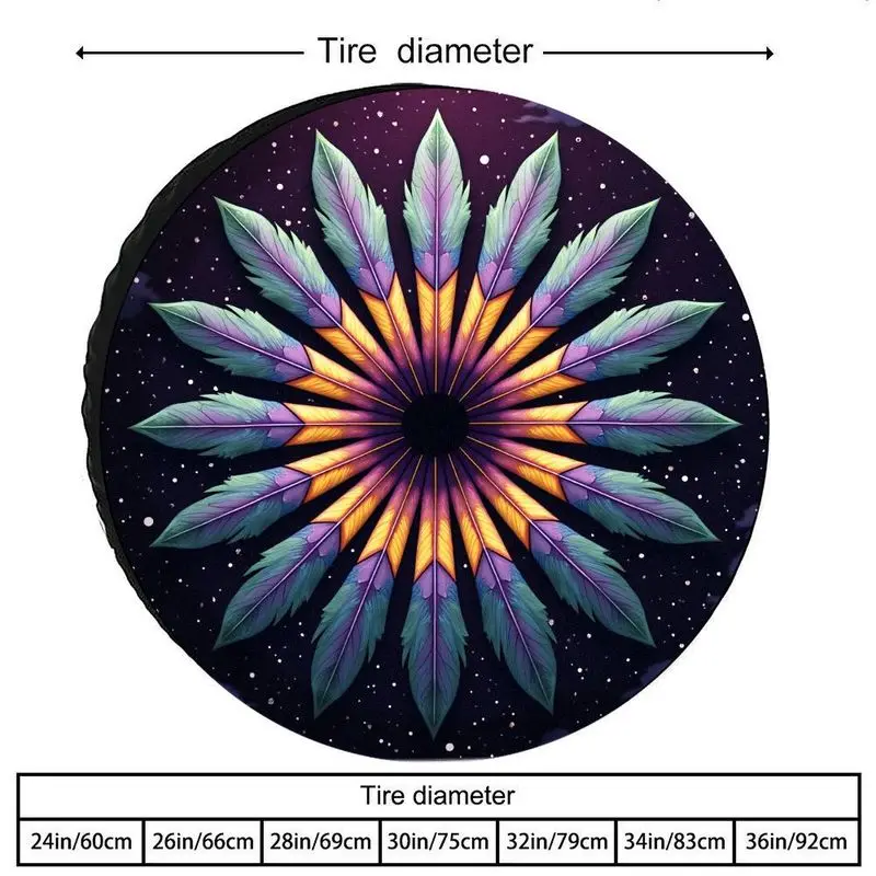 Car Spare Tire Cover With A Starry Sky, Dreamy Feather, And Star Pattern Made Of High-Quality Polyester Fiber. It Features A Vib