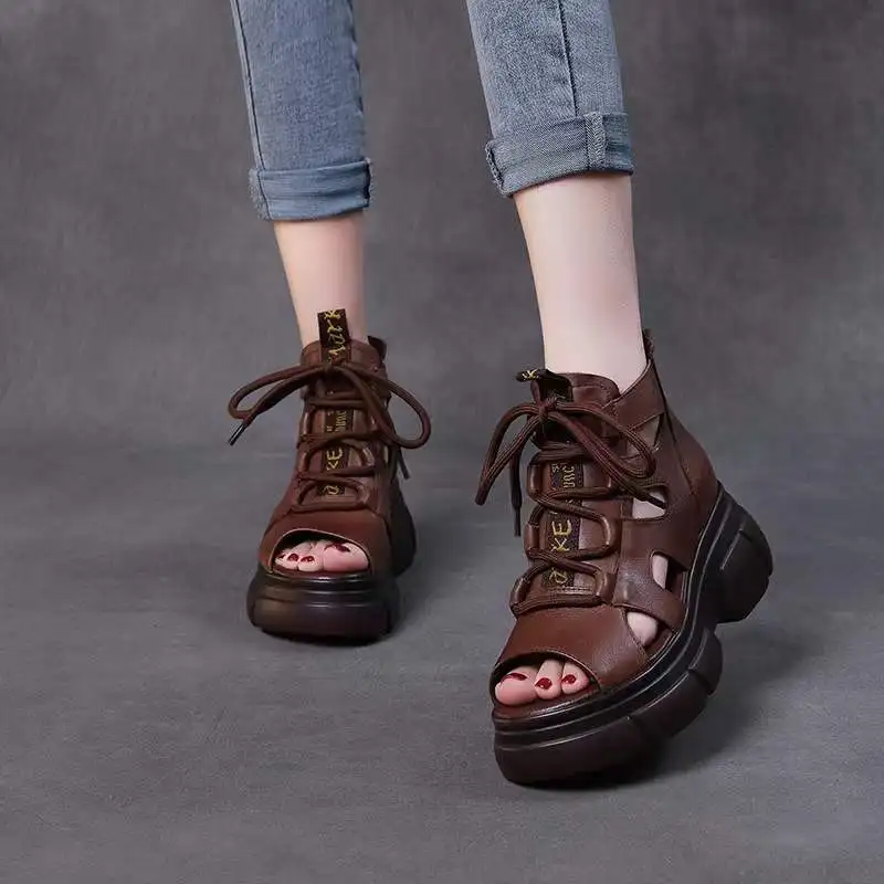 2024 bocca di pesce di alta qualità morbida pelle PU e pelle bovina estate scarpe romane sandali donna piattaforma aumentare scarpe zeppe sandali