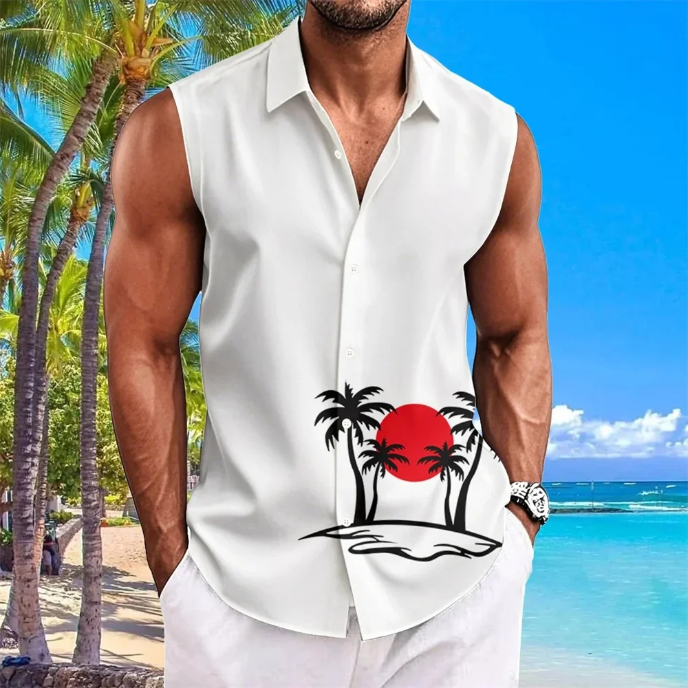 Hawaiian Shirts For Men Coconut Tree Print Simple Fashion Men Clothing Oversized Shirts Sleeveless Top Lapel T-Shirt Men's Shirt