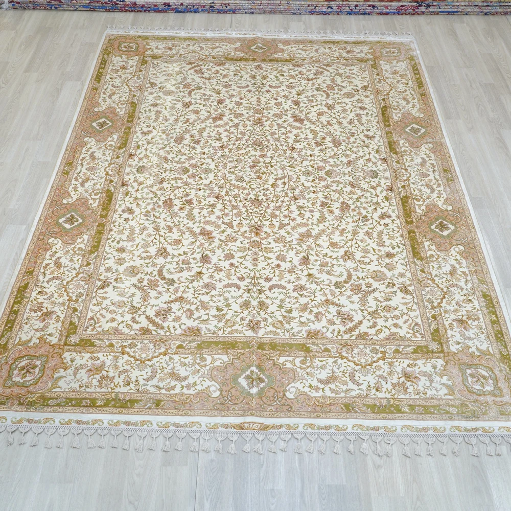 213x305cm Handknotted Silk Carpet Living Room Turkish Beige Floor Rug (TJ378A)