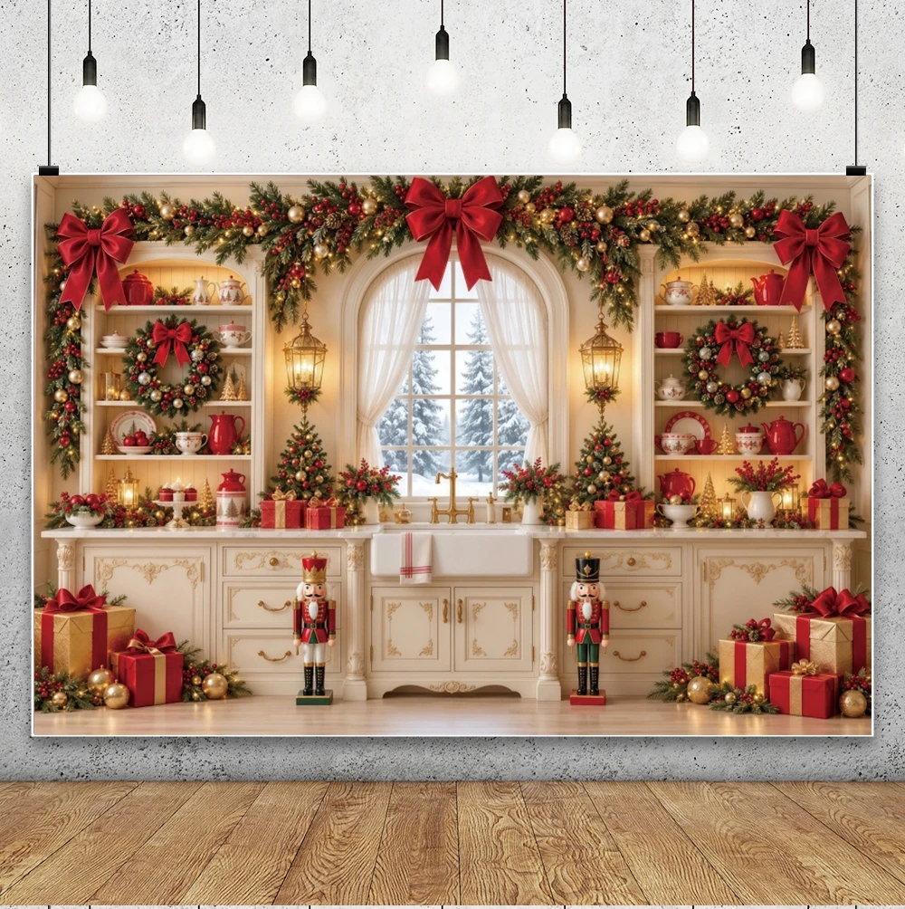 Yeele Santa's Kitchen Christmas Photography Backdrop Vintage Wooden Kitchen Red Bow Kids Family Portrait Decor Backdrop Studio