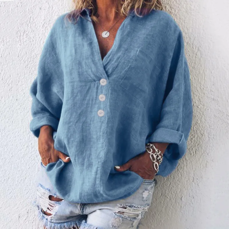 2025 Spring and Summer V-neck Imitation Cotton and Linen Long-sleeved Shirt Pullover Women's Shirt Is Hot in Europe and America