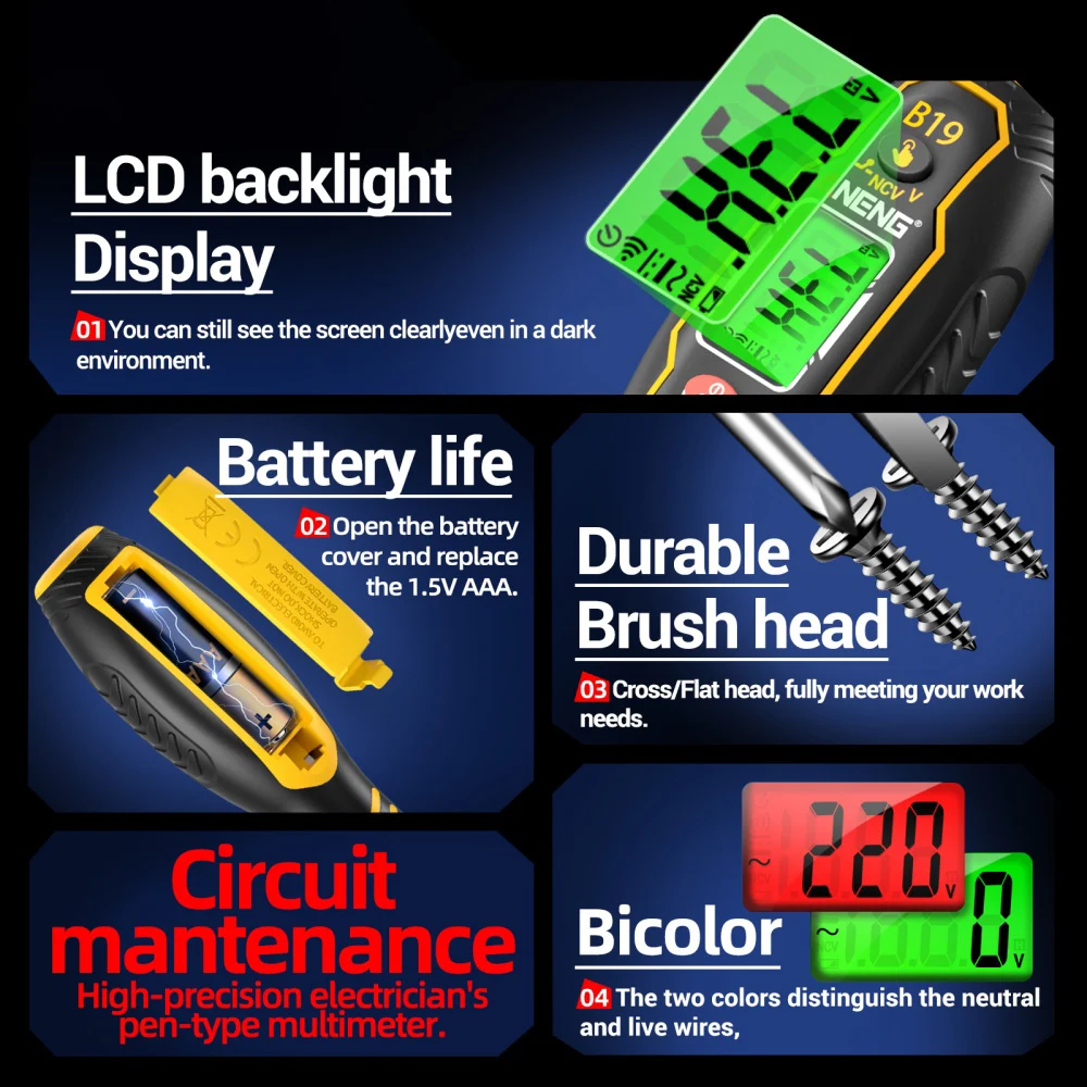 ANENG B19 Tester Pen Buzzer Alarm Non-Contact Test Voltage Detector Meter Voltmeter Diagnostic Breakpoint Finder Tools
