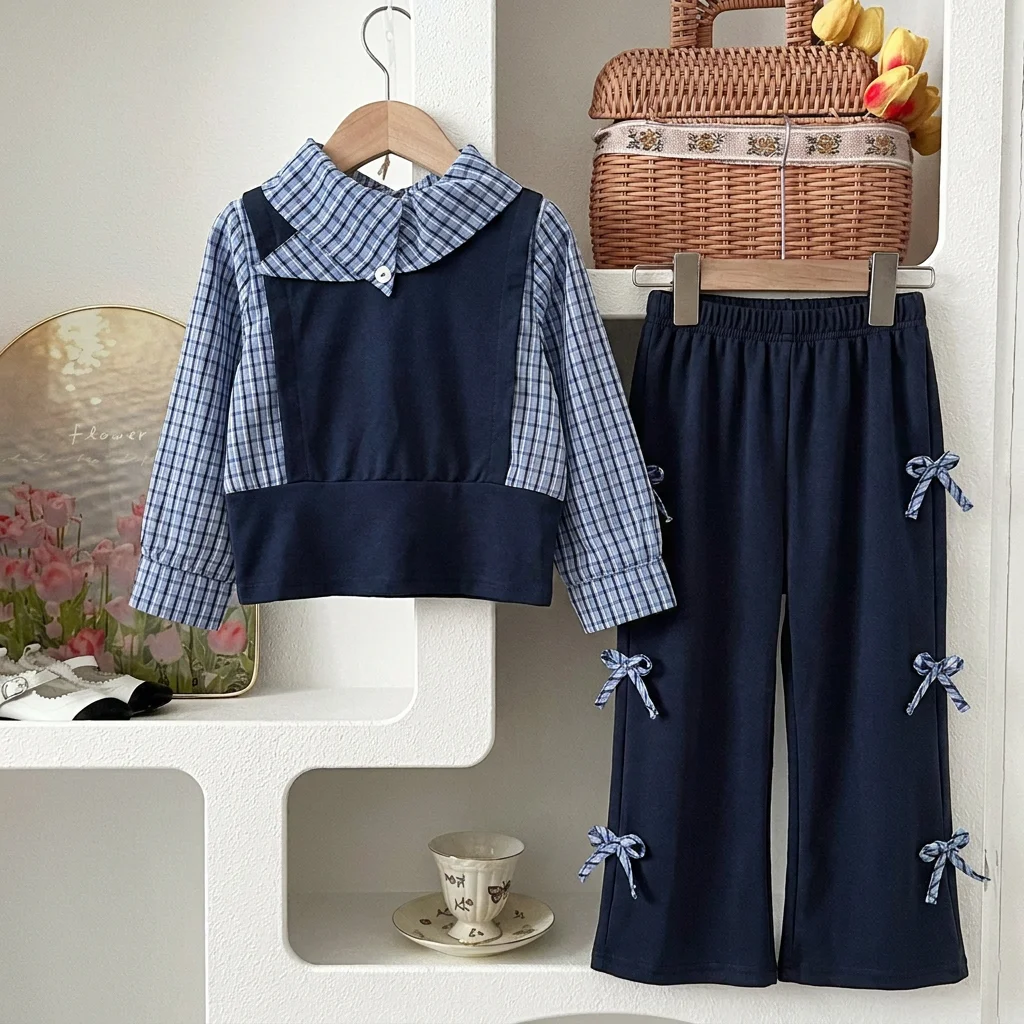 Autumn College Style Fashion Casual Suit with Collar Grid Color Blocked Fake Two Piece Top and Bow Wide Leg Pants  Set