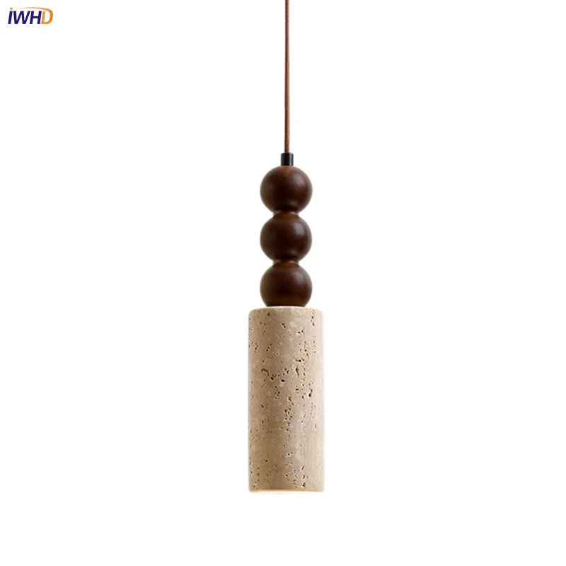 IWHD خمر الخشب قلادة مصباح الأصفر الترافرتين قلادة LED ضوء Hanglamp السرير الإضاءة ديكور المنزل E27 لامبارا تيكو