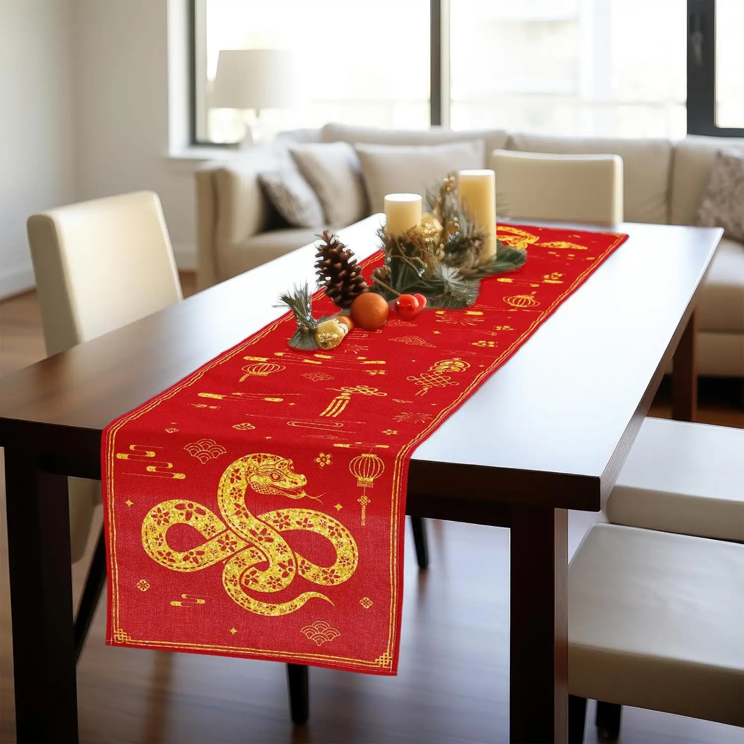 2025 Chinese Happy New Year Linen Table Runner Red Snake Table Decor Spring Festival Table Runners for Home Party Dining Decor