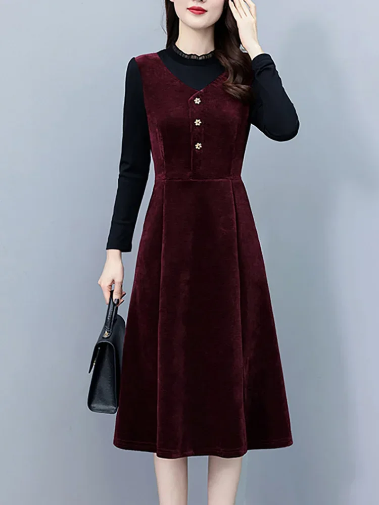 Autumn Winter Thick Warm Fake Two Piece Dress Women Elegant Luxury Formal Night Vestidos 2024 Patchwork Vintage Party Midi Dress