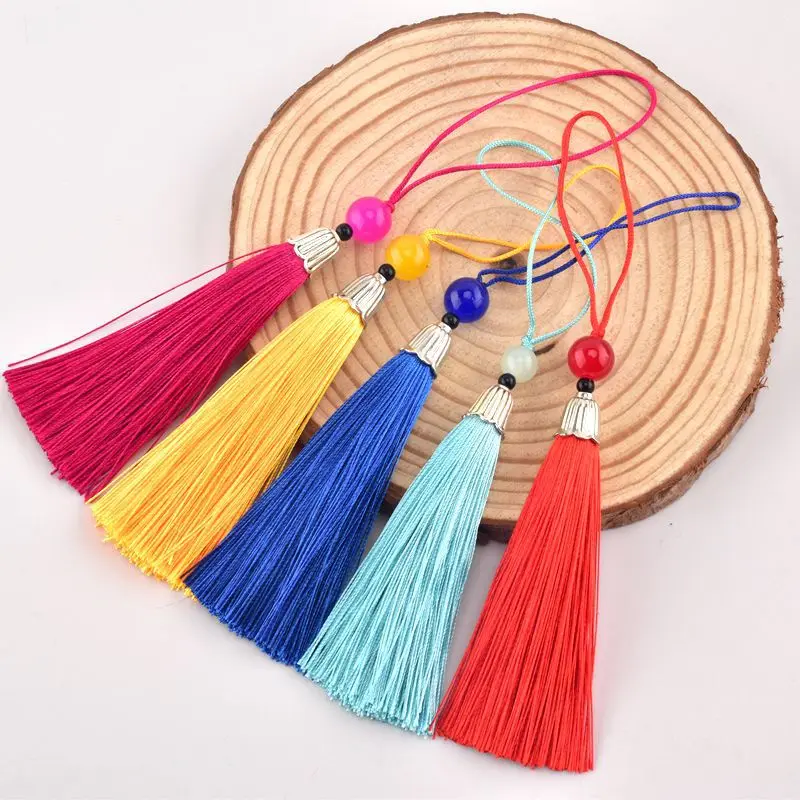 5Pcs 15cm Metal Cap Jade Beads Long Tassel Pendants DIY Craft Hanging Fringe Trim For Jewelry Clothing Car Bag Decor Accessories