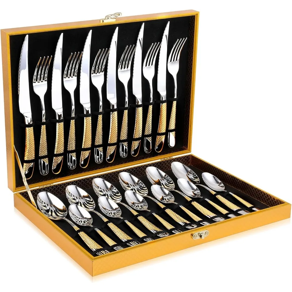 

Набор столовых приборов из нержавеющей стали 18/10 из 24 предметов, кованый серебряный дизайн, сервис на 6