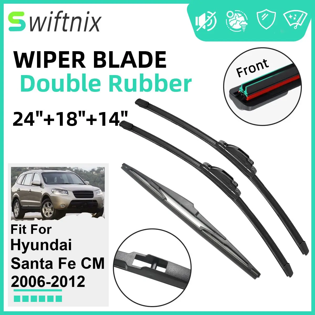 

Двойные резиновые автомобильные дворники для Hyundai Santa Fe CM 2006-2012, стеклоочистители, резиновые автомобильные аксессуары 2009 2010 2011 2012