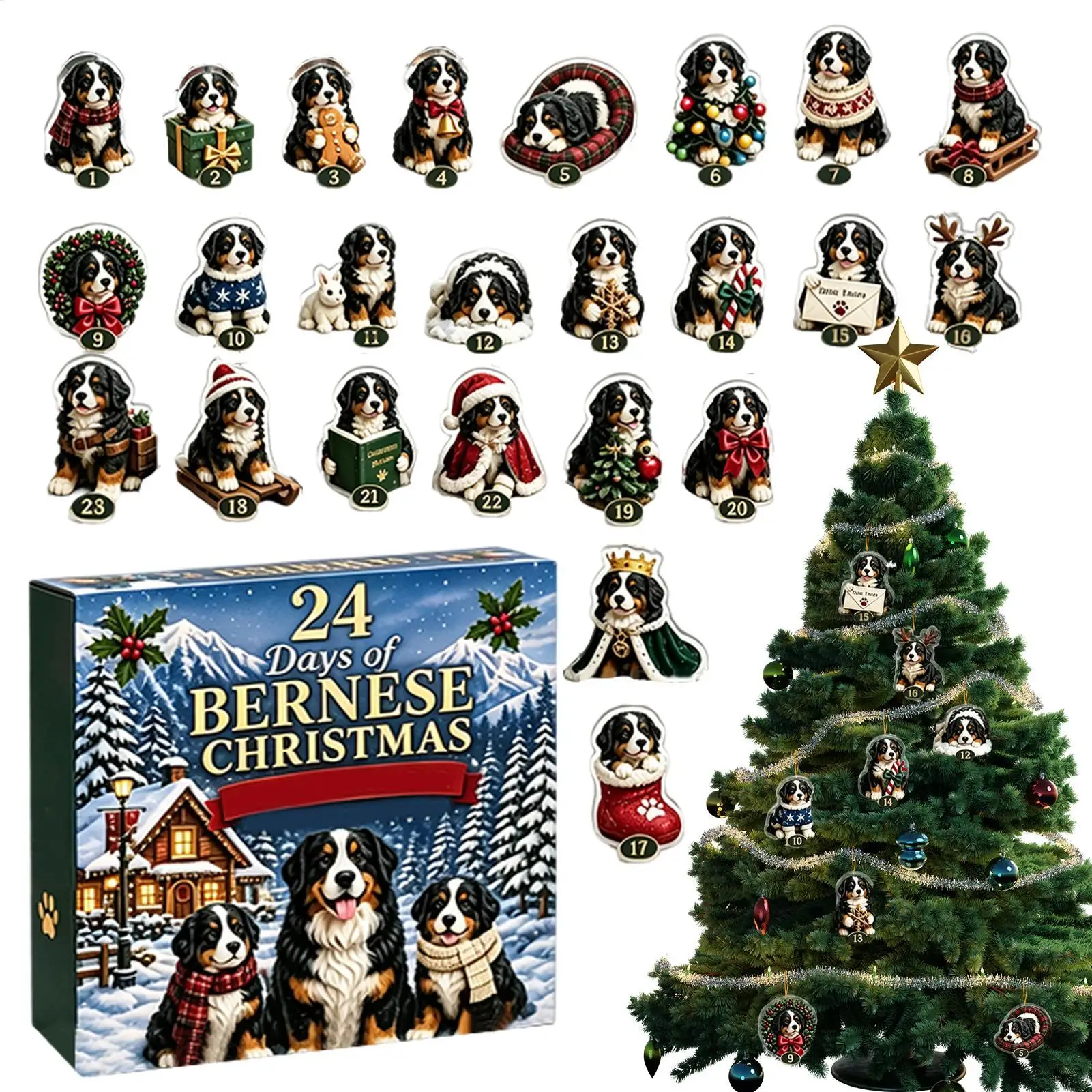 2026 Bernese Mountain Dog Advent Calendar 24-Day Christmas Countdown Calendar Christmas tree 24 2D Acrylic Dog Ornament Hanging
