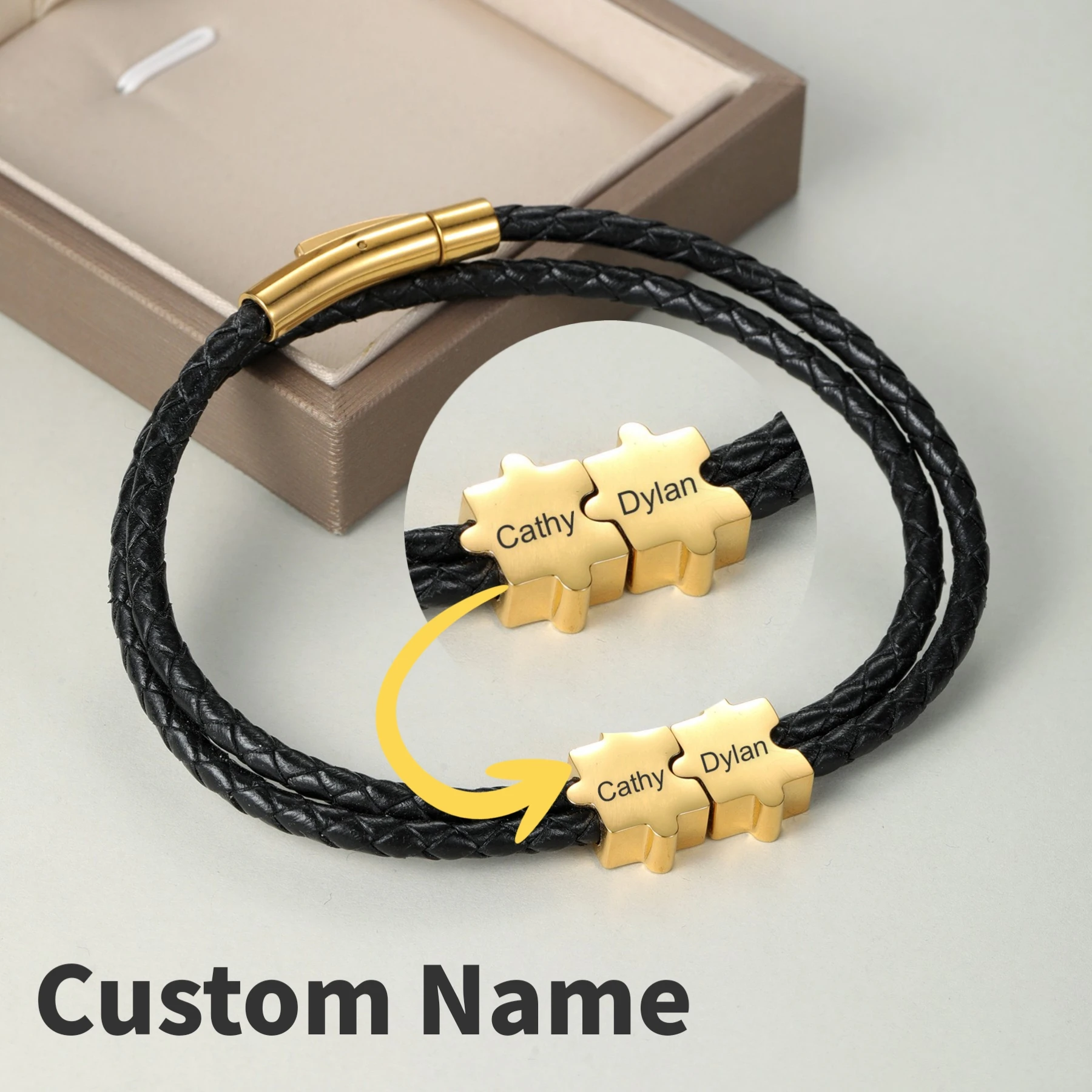 

Customized Name Puzzle Bracelet Personalized Men's Leather Cord Bracelet Couple Engraved Name Bracelet Father's Day Gift Jewelry