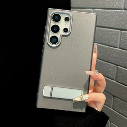 Natural Titanium metal holder leather phone case for Samsung Galaxy S24 S23 S22 Ultra Plus metal button shockproof hard cover