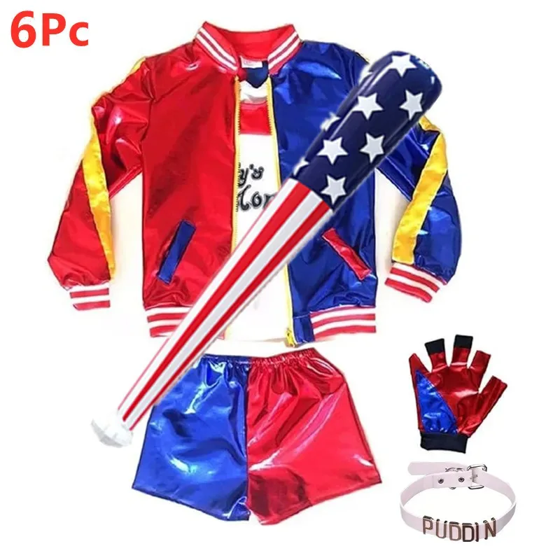 

6Pcs Set Halloween Cosplay Clown Girl Sexy Ladies Outfits Trendy Sets Jacket Shorts Gloves Kids Outfits for Party Gift Halloween