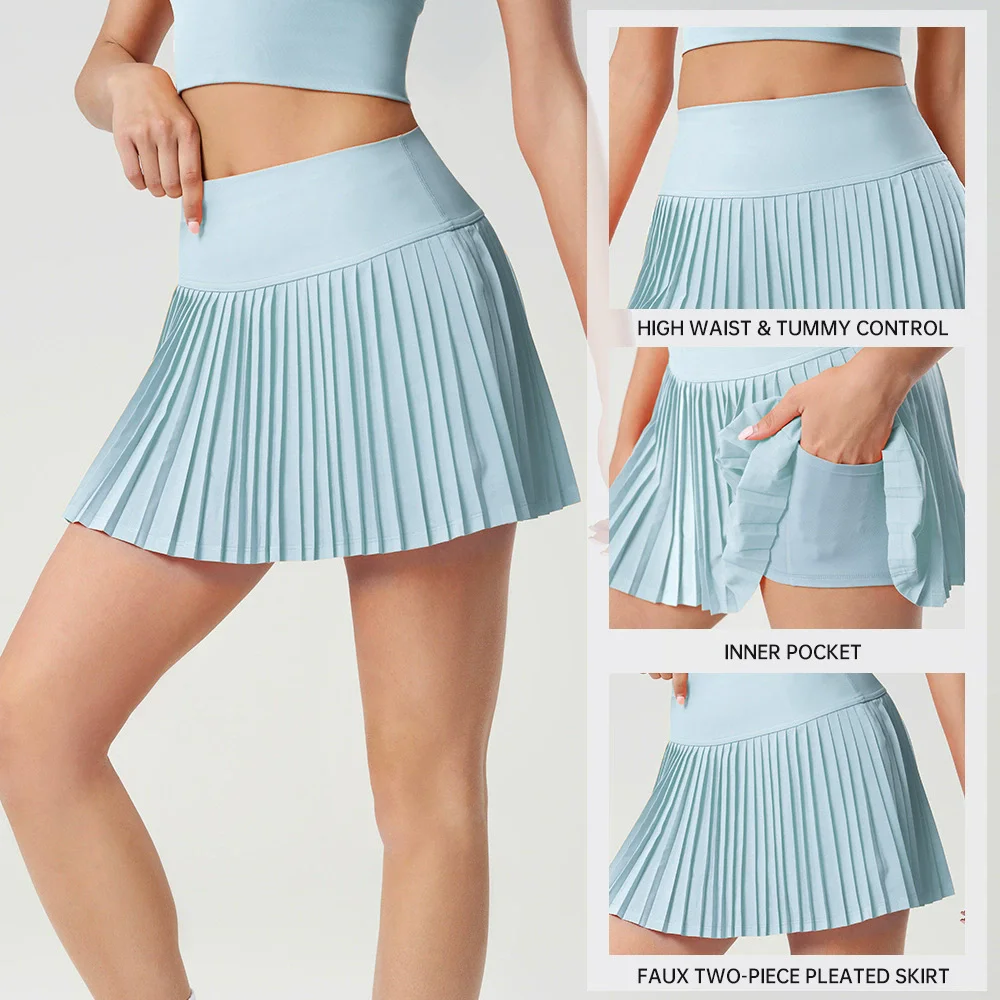 New Summer Candy Color Running Shorts Side Pocket False 2 Pieces Tennis Mini Skirt Cooling Quick Dry Breathable Yoga Skirt Women