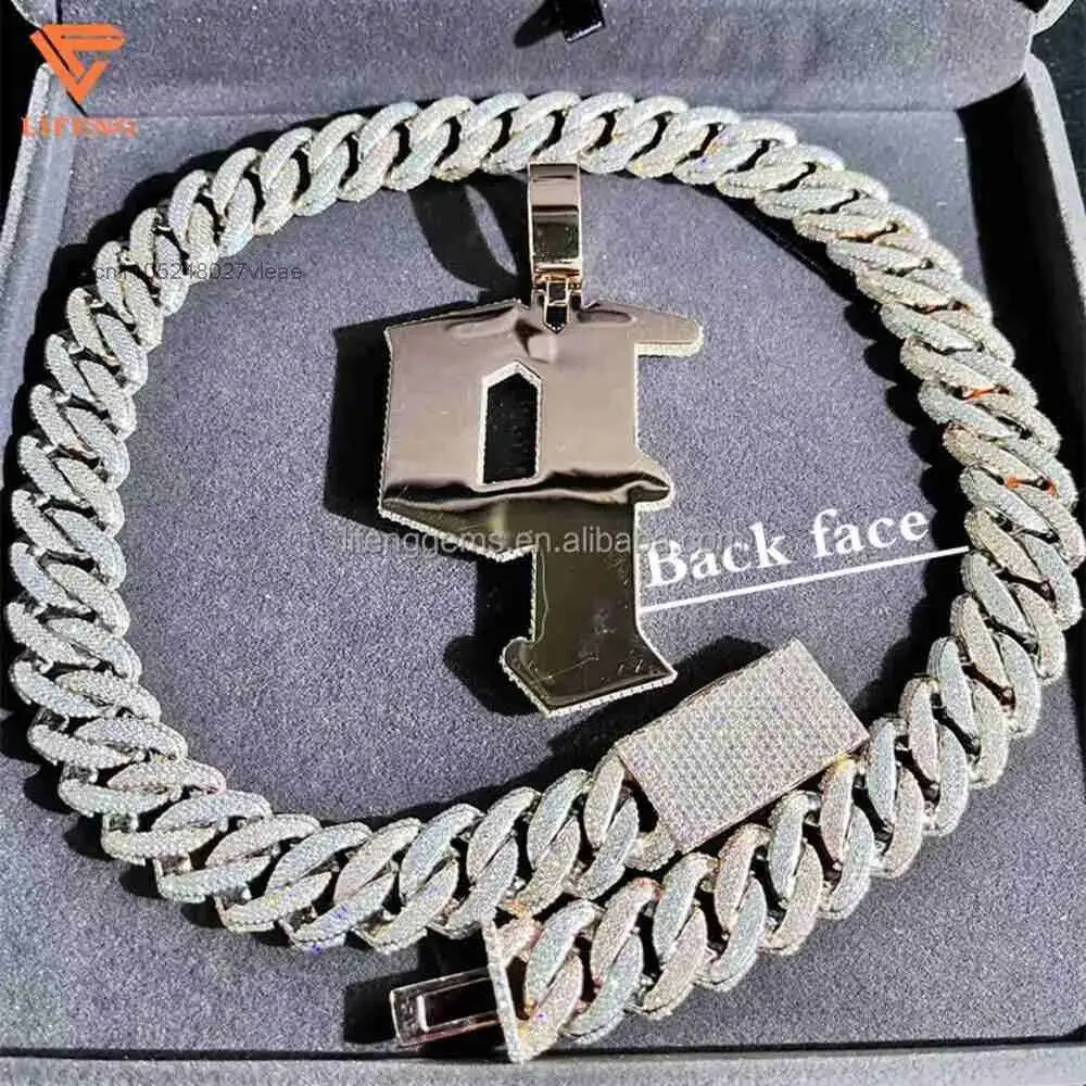 Lifeng Jewelry Custom 925 Silver Moissanite Letter Charm Diamond Cuban Link Chain 18k Gold Plated Necklace Set Pendant